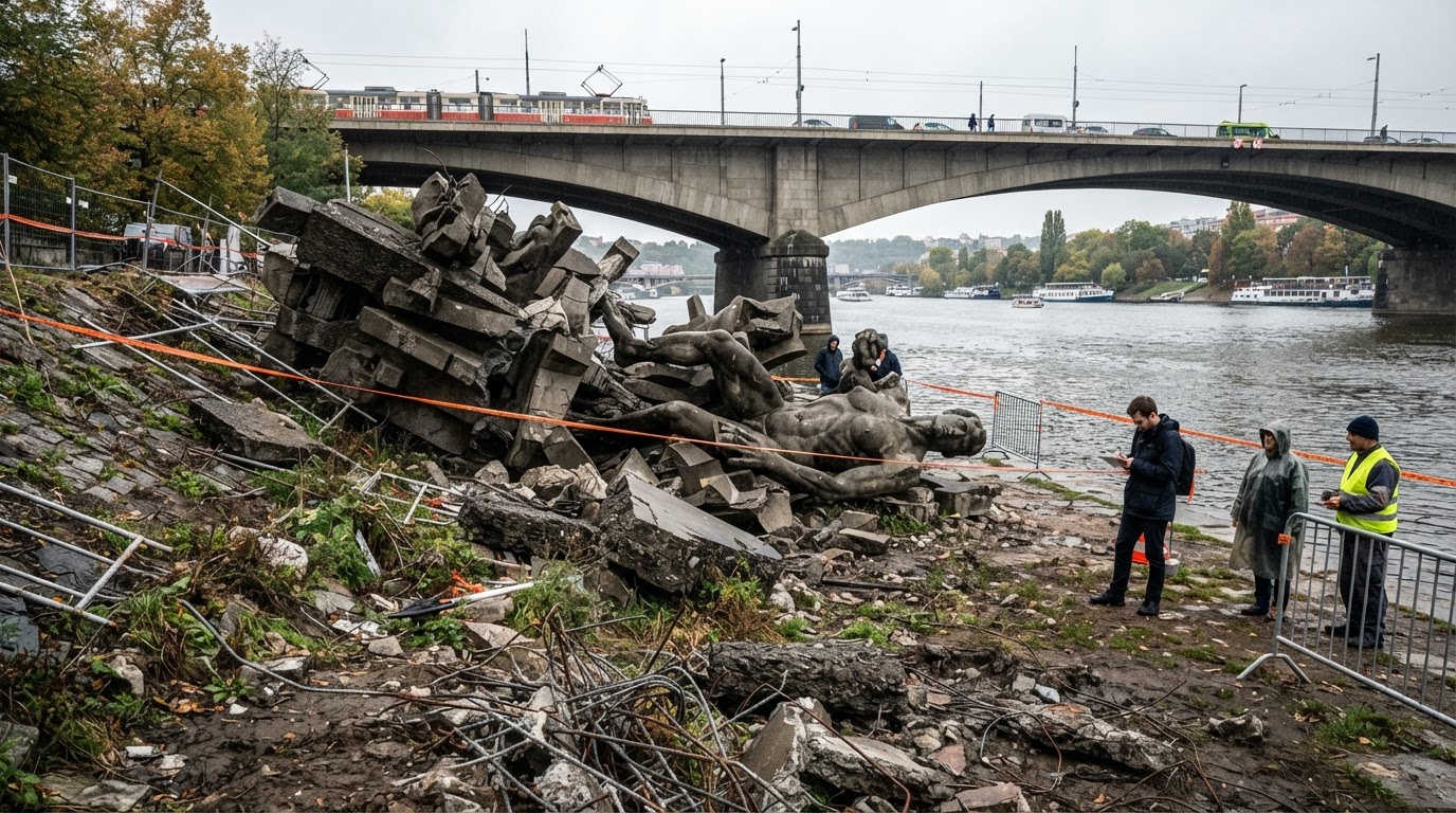 Zřícení betonové plastiky Rovnováha u Barrandovského mostu