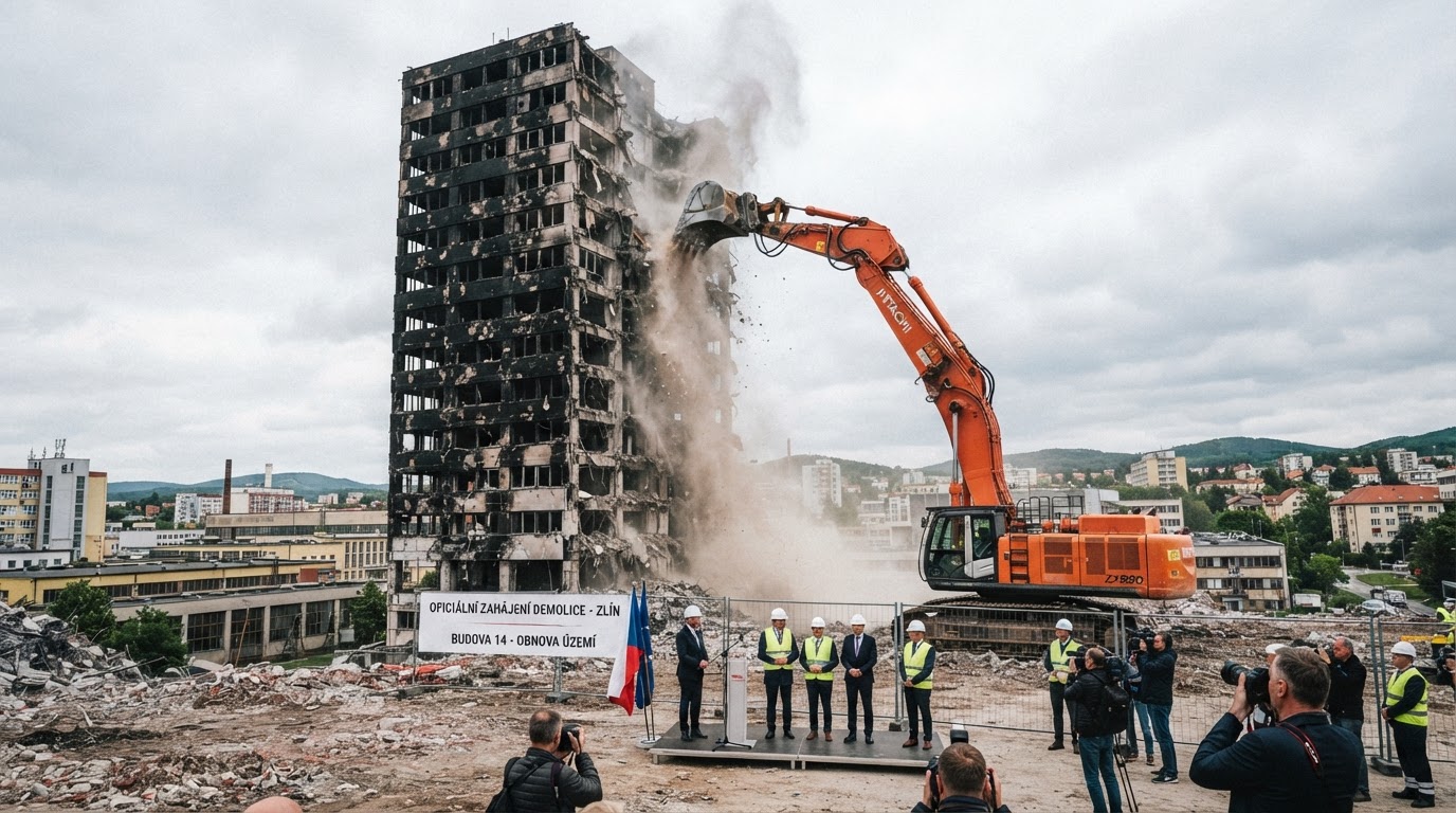 Demolice ohořelé výškové budovy ve Zlíně oficiálně zahájena